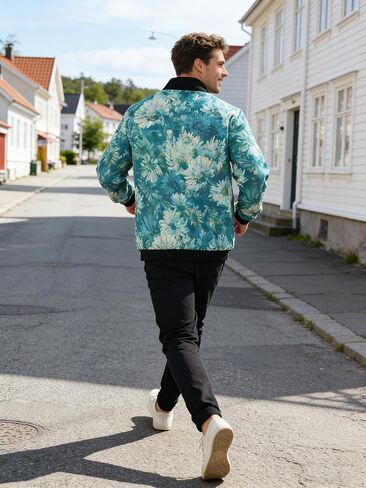 Men's Lightweight Floral Print Jacket, Spring Autumn Casual Streetwear, Slim Fit Urban Sport Coat, Machine Washable in Saudi Arabia