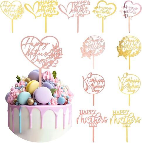 12pcs Happy Mother's Day Cake Topper, Love Heart Flowers Mothers Day Cake Topper, Acrylic Flat Cupcake Topper Decoration for Mother's Day Birthday Party Decoration in Saudi Arabia
