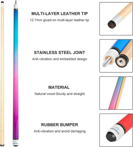 HomeSeason Pool Cues 58 بوصة عصا حمام السباحة، عصا البلياردو بار حمام السباحة مع طرف جلدي من الألياف 12.7 مم للمبتدئين والترفيه التجاري والمنزلي in Kuwait