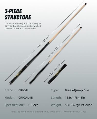 CRICAL Heavy Hitter Jump Break Cue 3-Pieces 54inch Short Maple Break Jump Cue with 13.5mm Tip Punch Cue Professional Jump Cue Billiard Pool Stick in Kuwait