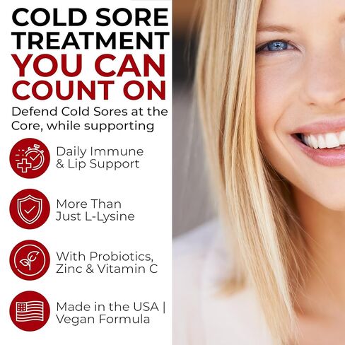 علاج قروح البرد لدعم الشفاه والبشرة باستخدام إل-ليسين والزنك وفيتامين ج والبروبيوتيك | معزز نباتي للمناعة يساعد على منع تفشي المرض ويعزز الشفاء بشكل أسرع | 60 علكة بنكهة التوت in Kuwait