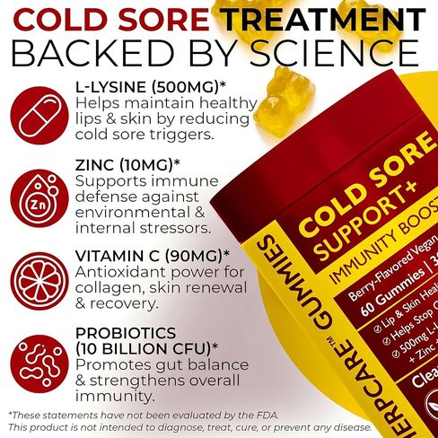 علاج قروح البرد لدعم الشفاه والبشرة باستخدام إل-ليسين والزنك وفيتامين ج والبروبيوتيك | معزز نباتي للمناعة يساعد على منع تفشي المرض ويعزز الشفاء بشكل أسرع | 60 علكة بنكهة التوت in Kuwait