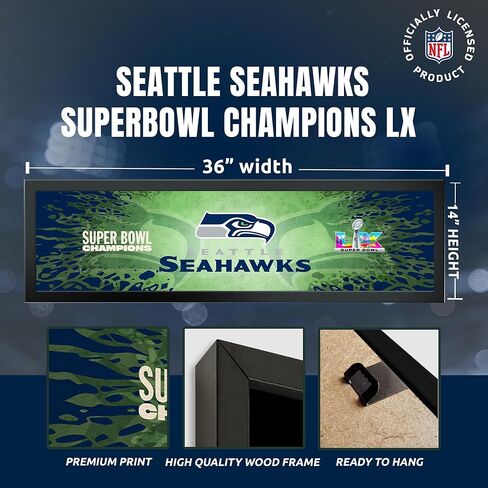 Seattle Seahawks Super Bowl 60 Champions Framed Horizontal Wall Print, Official NFL Football Decor, 8 x 26 in Kuwait