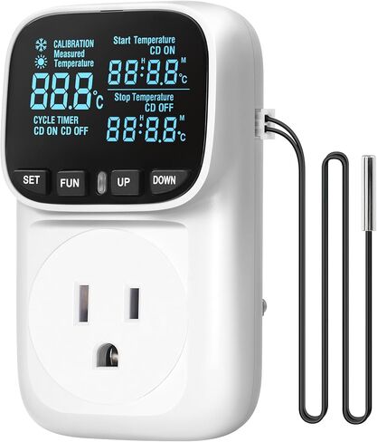 منفذ التحكم الرقمي في درجة الحرارة، قابس ترموستات عالي التحمل 15 أمبير/1800 وات، شاشة LCD VA، التحكم في التسخين/التبريد، -40 درجة فهرنهايت ~ 210 درجة فهرنهايت، 4 أوضاع مؤقت، لحاضنة الدفيئة W01TC06 in Kuwait