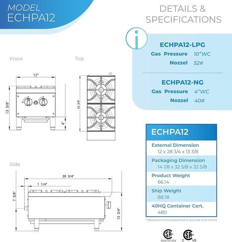 Commercial 12" 2 Burner Hotplate ETL CCHPA12 in Kuwait