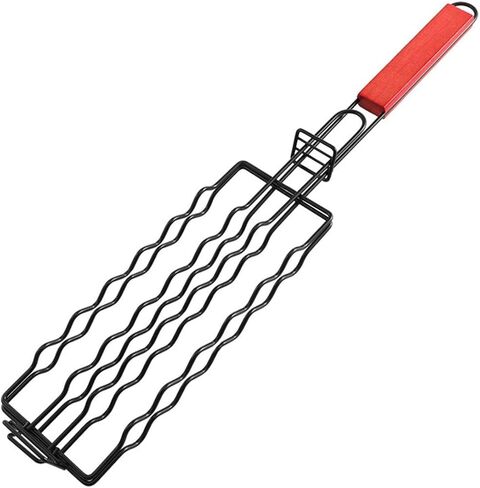 Hot Dog Grilling Basket with Lockable Grill Grate, Metal Mesh Sausage Clamp Rack for 6 Hotdogs, Heat-Resistant Wooden Handle BBQ Accessory for Outdoor Picnic Barbecue in Saudi Arabia