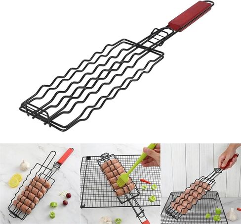 Hot Dog Grilling Basket with Lockable Grill Grate, Metal Mesh Sausage Clamp Rack for 6 Hotdogs, Heat-Resistant Wooden Handle BBQ Accessory for Outdoor Picnic Barbecue in Saudi Arabia