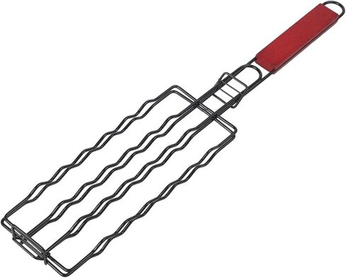 Hot Dog Grilling Basket with Lockable Grill Grate, Metal Mesh Sausage Clamp Rack for 6 Hotdogs, Heat-Resistant Wooden Handle BBQ Accessory for Outdoor Picnic Barbecue in Saudi Arabia