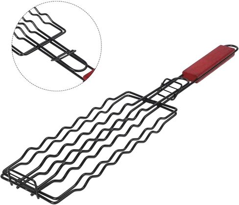 Hot Dog Grilling Basket with Lockable Grill Grate, Metal Mesh Sausage Clamp Rack for 6 Hotdogs, Heat-Resistant Wooden Handle BBQ Accessory for Outdoor Picnic Barbecue in Saudi Arabia