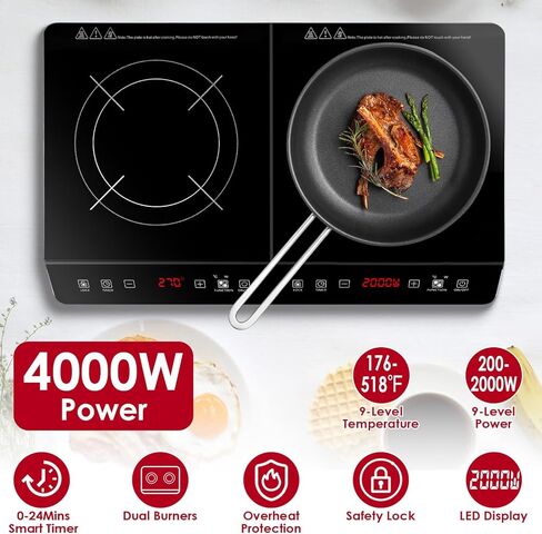 4000W Double Induction Cooktop Portable Electric Dual Burner Stove with 9 Power Levels, 9 Temperature Settings, 3H Timer, Touch Control Countertop Hot Plate for Fast Efficient Cooking in Kuwait