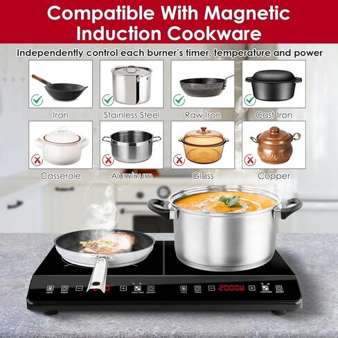 4000W Double Induction Cooktop Portable Electric Dual Burner Stove with 9 Power Levels, 9 Temperature Settings, 3H Timer, Touch Control Countertop Hot Plate for Fast Efficient Cooking in Kuwait