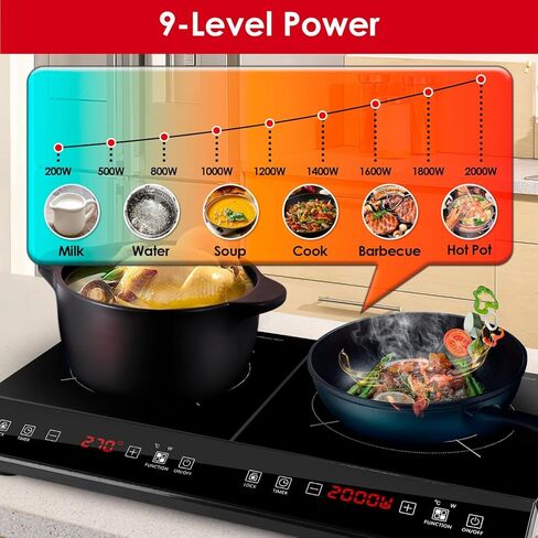4000W Double Induction Cooktop Portable Electric Dual Burner Stove with 9 Power Levels, 9 Temperature Settings, 3H Timer, Touch Control Countertop Hot Plate for Fast Efficient Cooking in Kuwait