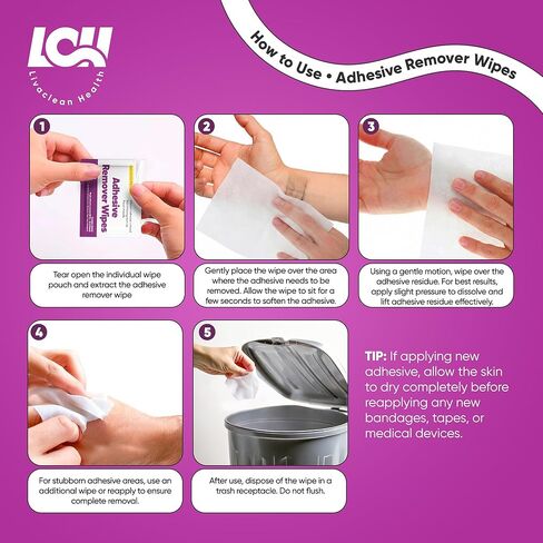 50 قيراط مناديل لاصقة كبيرة لإزالة اللاصق - 5 × 7 بوصة 60 جرام في المتر المربع مزيل لاصق طبي للبشرة - مزيل لاصق للضمادات - مناديل لاصقة للشريط والضمادات وبقايا الفغرة من ليفاكلين هيلث in Kuwait