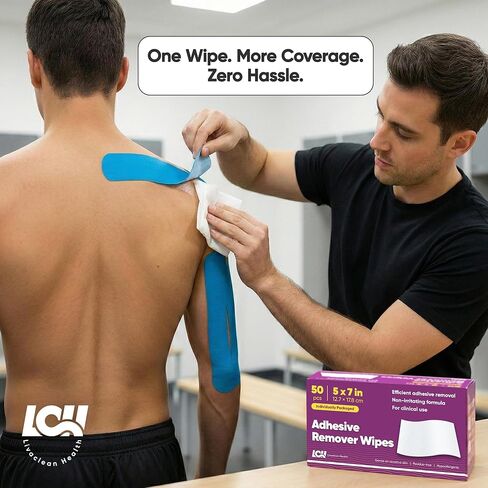 50 قيراط مناديل لاصقة كبيرة لإزالة اللاصق - 5 × 7 بوصة 60 جرام في المتر المربع مزيل لاصق طبي للبشرة - مزيل لاصق للضمادات - مناديل لاصقة للشريط والضمادات وبقايا الفغرة من ليفاكلين هيلث in Kuwait
