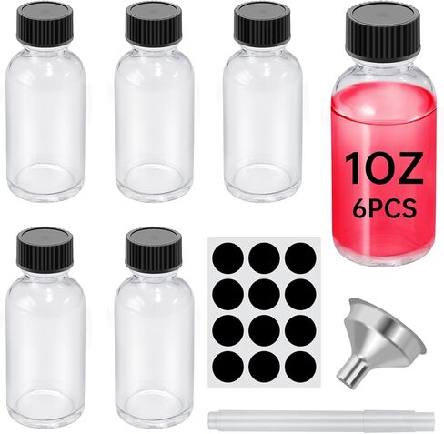 12Pcs 1OZ Small Clear Glass with Lids and Funnels, 30ml Boston Round Glass Bottles, Mini Bottles, Perfect for Diy Essential Oils, Perfumes, Whiskey and Juices (12) in Saudi Arabia