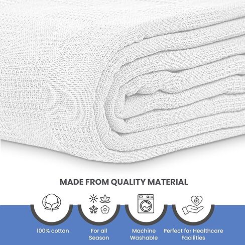 بطانية مستشفى Linteum Textile Supply المؤسسية الخالية من العوائق مقاس 66 × 90 - متينة وخفيفة الوزن ومضغوطة - مثالية لمرافق الرعاية الصحية ودور التمريض والملاجئ، عبوة واحدة (أبيض) in Kuwait