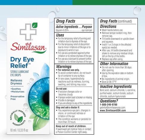 Similasan Dry Eye Relief Drops, Instant and Lasting Relief, Naturally Inspired Ingredients for Dry, Irritated Eyes, with Hyaluronate, Preservative-Free, pH Balanced, Gentle for Sensitive Eyes, 10ml in Kuwait