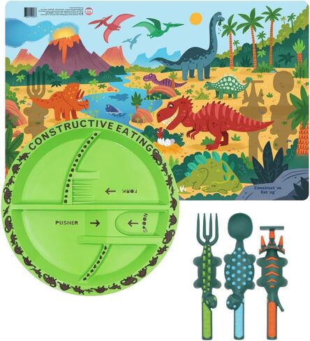 Constructive Eating Made in USA Toddler Dining Set: Kids Placemats for Dining Table with Dinosaur Plate & Utensils, Perfect Toddler Boy Gifts or Toddler Girl Gifts for 2 Year Old in Kuwait
