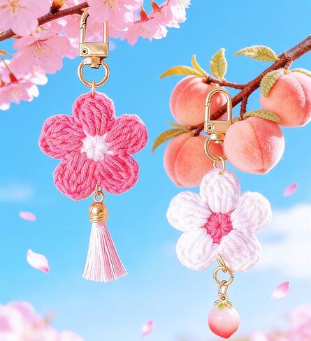 مصنوعة يدويًا كروشيه كروشيه خوخ أزهار مفاتيح زهرة ، سحر كيس مفاتيح السيارات مع هدية شرابة للنساء in Kuwait