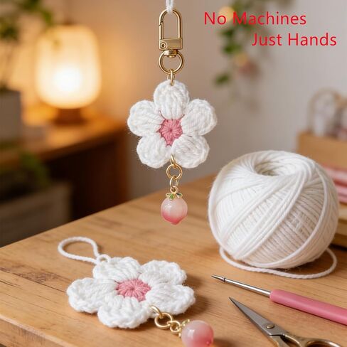 مصنوعة يدويًا كروشيه كروشيه خوخ أزهار مفاتيح زهرة ، سحر كيس مفاتيح السيارات مع هدية شرابة للنساء in Kuwait