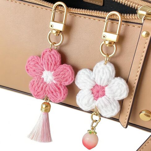 مصنوعة يدويًا كروشيه كروشيه خوخ أزهار مفاتيح زهرة ، سحر كيس مفاتيح السيارات مع هدية شرابة للنساء in Kuwait