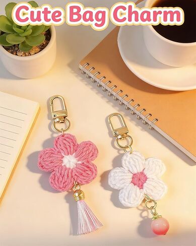 مصنوعة يدويًا كروشيه كروشيه خوخ أزهار مفاتيح زهرة ، سحر كيس مفاتيح السيارات مع هدية شرابة للنساء in Kuwait