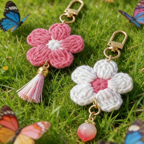 مصنوعة يدويًا كروشيه كروشيه خوخ أزهار مفاتيح زهرة ، سحر كيس مفاتيح السيارات مع هدية شرابة للنساء in Kuwait