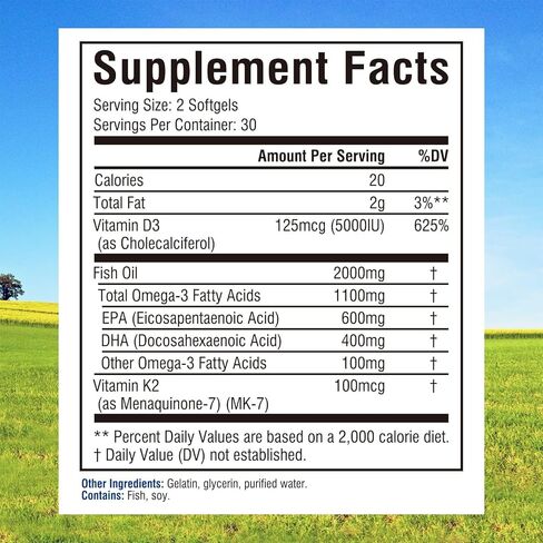 Innate Vitality Omega 3 Fish Oil Supplement, 2000mg Fish Oil Per Serving, EPA 600mg + DHA 400mg with Vitamins D3 K2, Supports Brain & Heart Health, Sustainable & Wild-Caught, 60 Softgels in Saudi Arabia