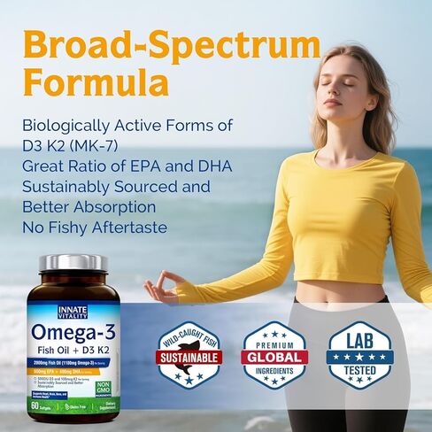 Innate Vitality Omega 3 Fish Oil Supplement, 2000mg Fish Oil Per Serving, EPA 600mg + DHA 400mg with Vitamins D3 K2, Supports Brain & Heart Health, Sustainable & Wild-Caught, 60 Softgels in Saudi Arabia