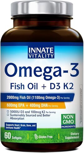 Innate Vitality Omega 3 Fish Oil Supplement, 2000mg Fish Oil Per Serving, EPA 600mg + DHA 400mg with Vitamins D3 K2, Supports Brain & Heart Health, Sustainable & Wild-Caught, 60 Softgels in Saudi Arabia