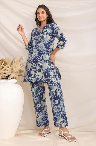 Janasya Indian Women's Indigo Pure Cotton Printed Casual wear Co-ord Set for Women in Kuwait