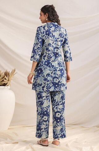 Janasya Indian Women's Indigo Pure Cotton Printed Casual wear Co-ord Set for Women in Kuwait