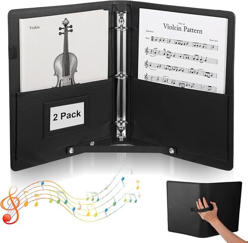 2 Pack Sheet Music Folder 3 Ring Black - 13" x 9.8", Large PU Leather Choir Folder with Hand Strap and Internal Retention Strap for Piano, Choral, Musician & Stage Performance in Kuwait