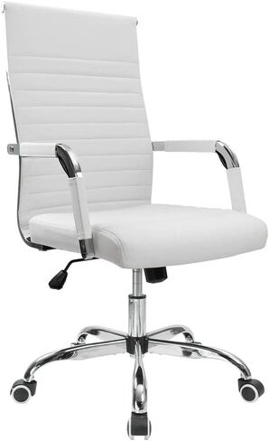 Furmax Ribbed Office Desk Chair Mid-Back PU Leather Executive Conference Task Chair Adjustable Swivel Chair with Arms (White) in Kuwait