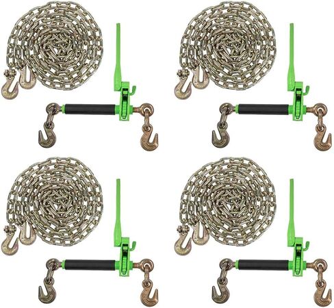Mytee Products 4 Pack Chain Load Binder Kit - 5/16"-3/8" Quick Ratchet Folding Load Binder with Grab Hook 7,100 lbs WLL & 4 Pack 5/16"x20' G70 Transport Tow Chain 4,700 lbs WLL, Tie Down for Hauling in Kuwait