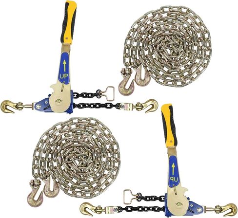 Mytee Products 4 Pcs G70 5/16" Chain & Easy Binder Kit - (2) 5/16"-3/8" Easy Ratcheting Chain Load Binder & (2) 5/16" x 20' G70 Transport Chain w/Grab Hooks - 4700 lbs WLL for Truck Trailer Tie Down in Kuwait