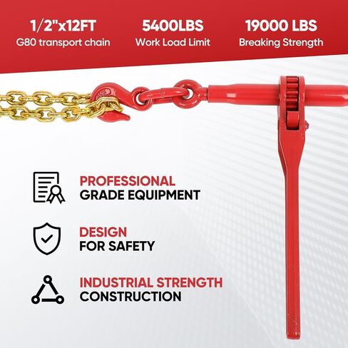 Dollate 2Pack 1/2" to 3/8" Ratchet Chain Load Binder with 3/8"x10FT G80 Heavy Duty Chain, Chain Binder with 9200 Lbs WLL and Chain with 5400 Lbs WLL, Chain Binder and Transport Chain for Tie Down in Kuwait