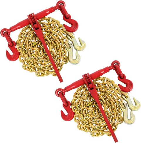 G80 3/8" x 10FT Chain and Binder Set, 2 Pack Heavy Duty Ratchet Chain Binder 3/8"-1/2" with 9200LBS WLL & 33000LBS Break Strength, Complete Chains and Binders for Heavy Duty Truck Flatbed Tie Down in Kuwait