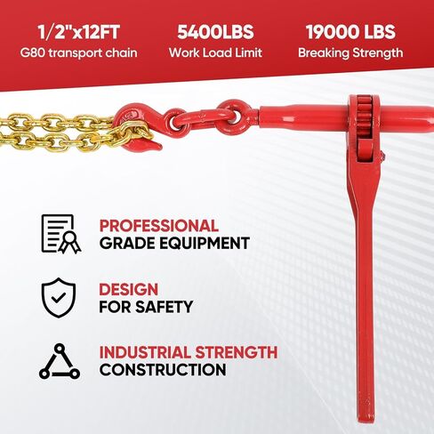 G80 3/8" x 10FT Chain and Binder Set, 2 Pack Heavy Duty Ratchet Chain Binder 3/8"-1/2" with 9200LBS WLL & 33000LBS Break Strength, Complete Chains and Binders for Heavy Duty Truck Flatbed Tie Down in Kuwait