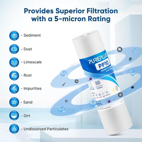PUREPLUS 5 Micron 10" x 2.5" Whole House Sediment Home Water Filter Cartridge Replacement for Any 10 inch RO Unit, Culligan P5, Aqua-Pure AP110, Dupont WFPFC5002, CFS10, WHKF-G05, 4Pack in Kuwait