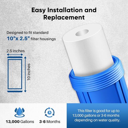 PUREPLUS 5 Micron 10" x 2.5" Whole House Sediment Home Water Filter Cartridge Replacement for Any 10 inch RO Unit, Culligan P5, Aqua-Pure AP110, Dupont WFPFC5002, CFS10, WHKF-G05, 4Pack in Kuwait