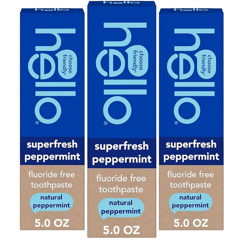 Hello Superfresh Natural Peppermint Fluoride Free Toothpaste, 5 Oz, Minty Bad Breath Toothpaste, Cool and Refreshing, SLS Free, Vegan, Helps Whiten Teeth by Removing Surface Stains (3 Pack) in Kuwait