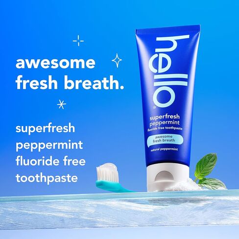 Hello Superfresh Natural Peppermint Fluoride Free Toothpaste, 5 Oz, Minty Bad Breath Toothpaste, Cool and Refreshing, SLS Free, Vegan, Helps Whiten Teeth by Removing Surface Stains (3 Pack) in Kuwait