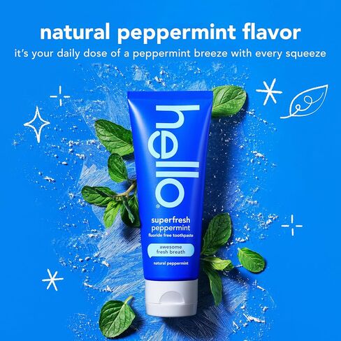 Hello Superfresh Natural Peppermint Fluoride Free Toothpaste, 5 Oz, Minty Bad Breath Toothpaste, Cool and Refreshing, SLS Free, Vegan, Helps Whiten Teeth by Removing Surface Stains (3 Pack) in Kuwait