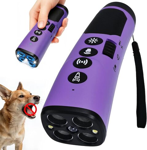 3-in-1 Ultrasonic Dog Bark Deterrent Device with Triple Emitters, 50ft Auto/Manual Bark Control, Rechargeable Battery, Strobe Light & Beep Trainer - Humane No Shock Solution for Aggressive Dogs in Kuwait