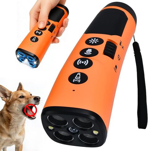 3-in-1 Ultrasonic Dog Bark Deterrent Device with Triple Emitters, 50ft Auto/Manual Bark Control, Rechargeable Battery, Strobe Light & Beep Trainer - Humane No Shock Solution for Aggressive Dogs in Kuwait