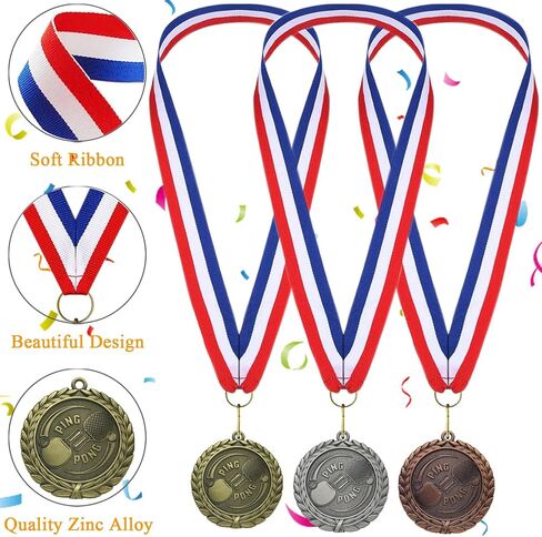 Table Tennis Medals， 3 Pack Gold Silver Bronze, 2 Inch Zinc Alloy Medals with Antique Finish & Red White Blue Ribbons for Ping Pong Tournaments, Awards Ceremony, Sports Prizes in Kuwait