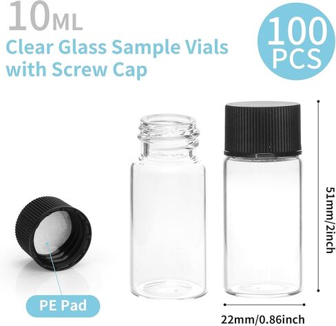 100 Pcs Clear Glass Vials 10ml, Small Glass Sample with Screw Caps, Lab Sample Vial for Liquid, Essential Oil, Perfume in Kuwait
