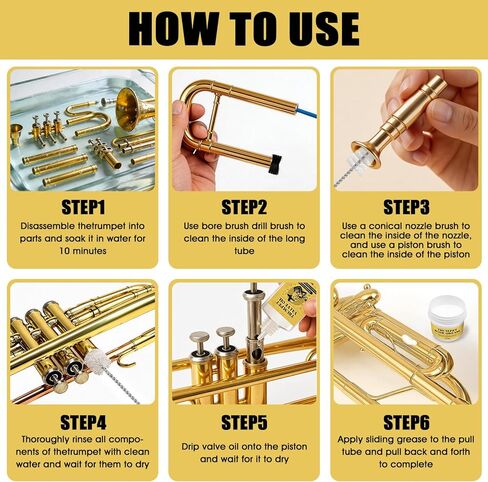 Trumpet Cleaning Kit, Trumpet Care Kit (Valve Oil, Slide Grease, Mouthpiece Brush, Bore Brushe, Piston Brush, Microfiber Cloth, Jnjector and Bent Tube Needle), Maintain Trumpet and Sound Quality in Kuwait