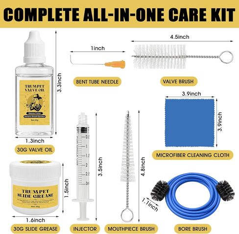 Trumpet Cleaning Kit, Trumpet Care Kit (Valve Oil, Slide Grease, Mouthpiece Brush, Bore Brushe, Piston Brush, Microfiber Cloth, Jnjector and Bent Tube Needle), Maintain Trumpet and Sound Quality in Kuwait